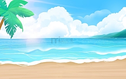 夏天海边海浪沙滩椰树白云唯美背景
