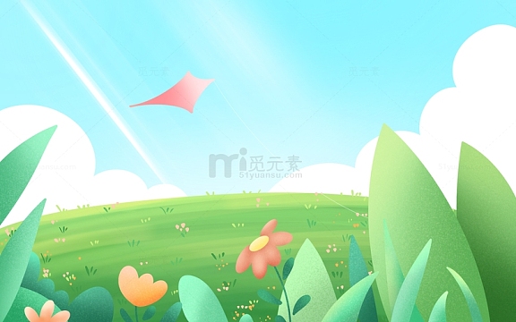 手绘春天夏日草坪绿植花草踏青插画背景
