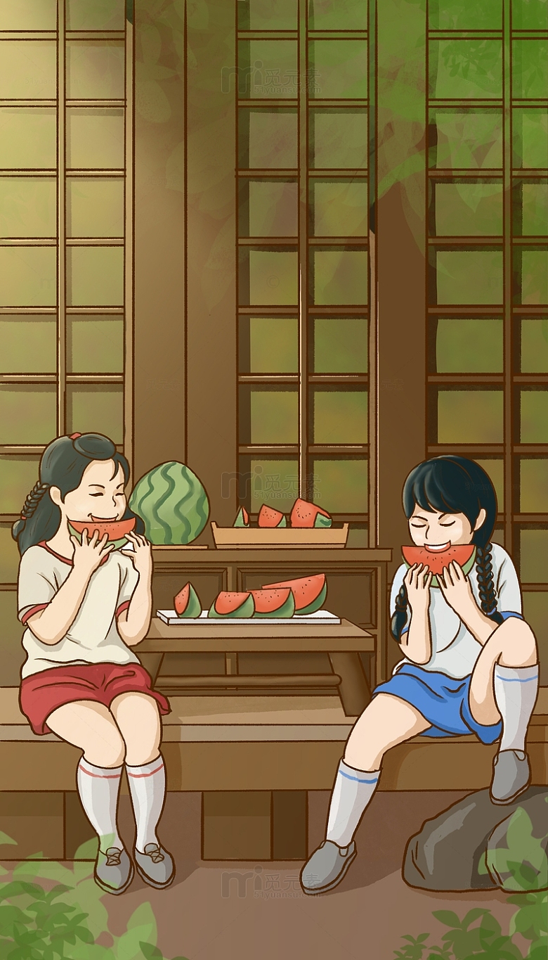 夏天夏至小女孩吃西瓜背景海报