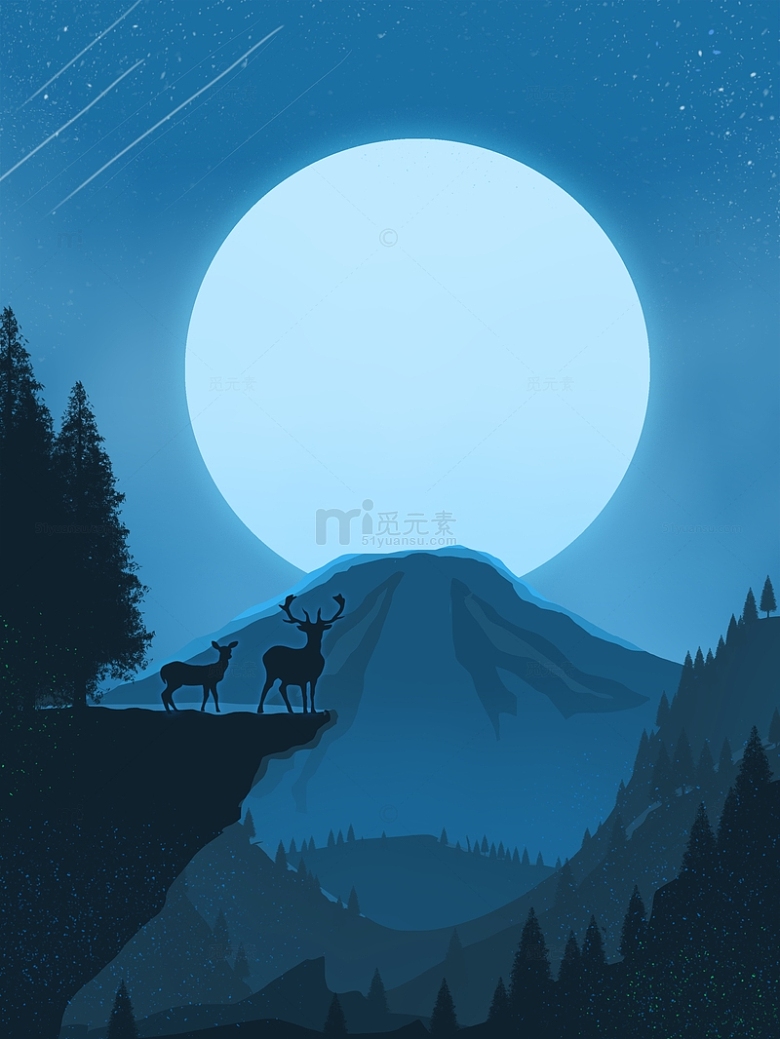 蓝色傍晚星空森林矢量动物海报背景图