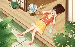 夏天女孩躺地板听音乐风扇乘凉避暑肌理插画