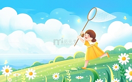 唯美治愈夏天蓝天白云草地捕蝴蝶女孩