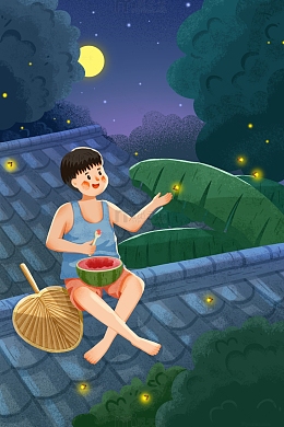 夏天夏至男孩屋顶乘凉吃西瓜萤火虫蒲扇插画