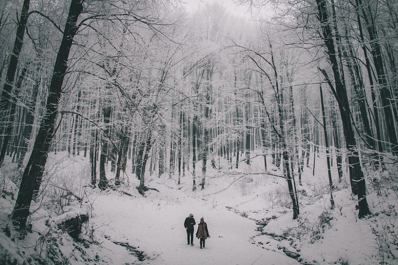 夫妇户外旅行自然下雪冬天