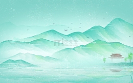 夏天水墨山水画节气插画海报背景夏至小暑大暑背景图片