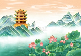 国潮风荷花建筑山夏天背景