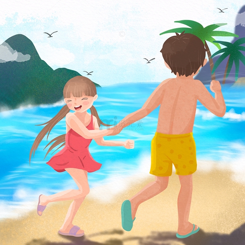 小暑夏天沙滩海边游泳暑假朋友度假插画