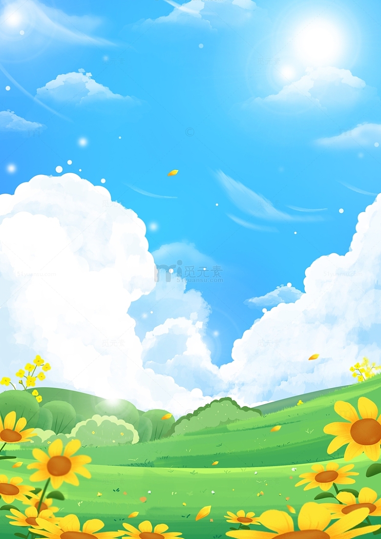 手绘夏天蓝天白云草地向日葵背景海报装饰