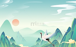 夏天国潮山水祥云简约国潮风海报背景