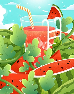 清凉一夏冰镇西瓜汁小暑大暑插画