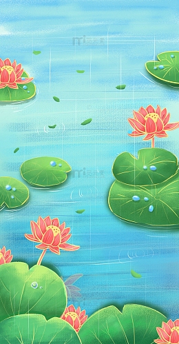 夏至夏天荷叶荷花手绘插画海报背景