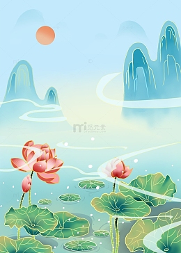 国潮手绘小暑夏至荷花池背景