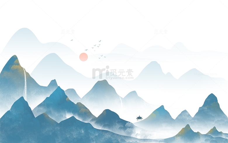 水墨中国风山峰蓝色水墨大气海报背景