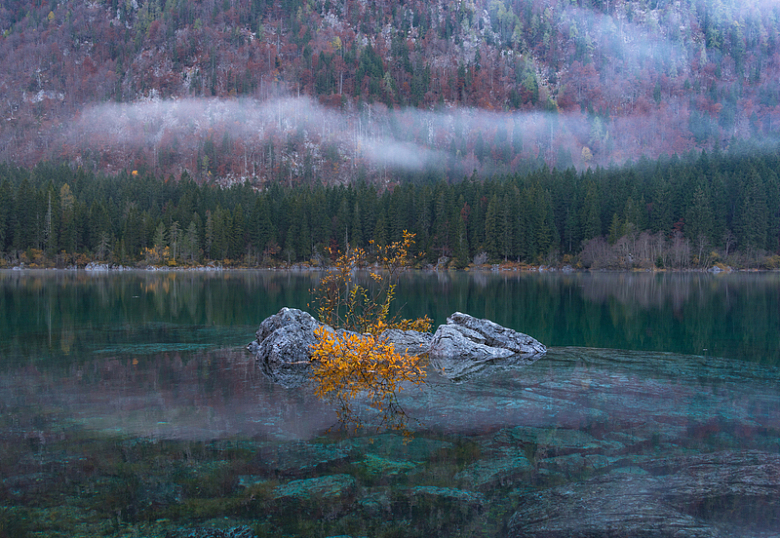 湖面岩石云雾树木