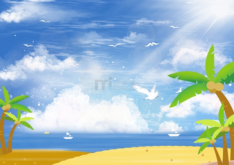 手绘蓝色小清新海边椰子树白云装饰背景