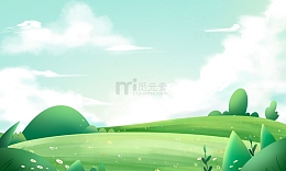 手绘春天夏季花草蓝天白云草坪春游海报背景