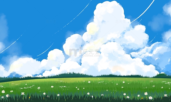 手绘蓝天白云草地户外大暑插画海报背景