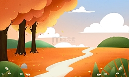 手绘卡通立秋秋天户外场景插画海报背景