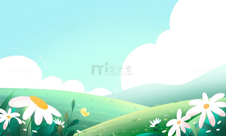 手绘春天夏天草坪户外绿植花朵插画海报背景