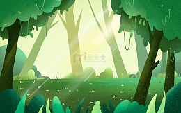 手绘绿色森林草坪场景春天插画海报背景
