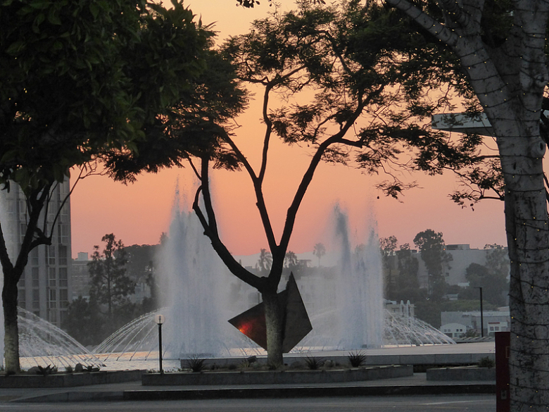 喷泉树木夕阳城市