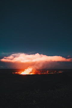 夜晚,晚上,火山,熔岩,篝火,火焰,云朵,天空,户外