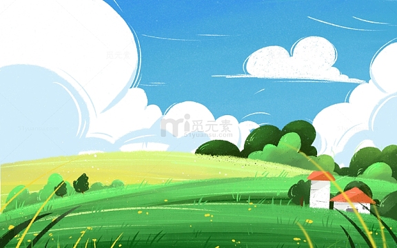 手绘春天夏天蓝天白云草地户外插画背景