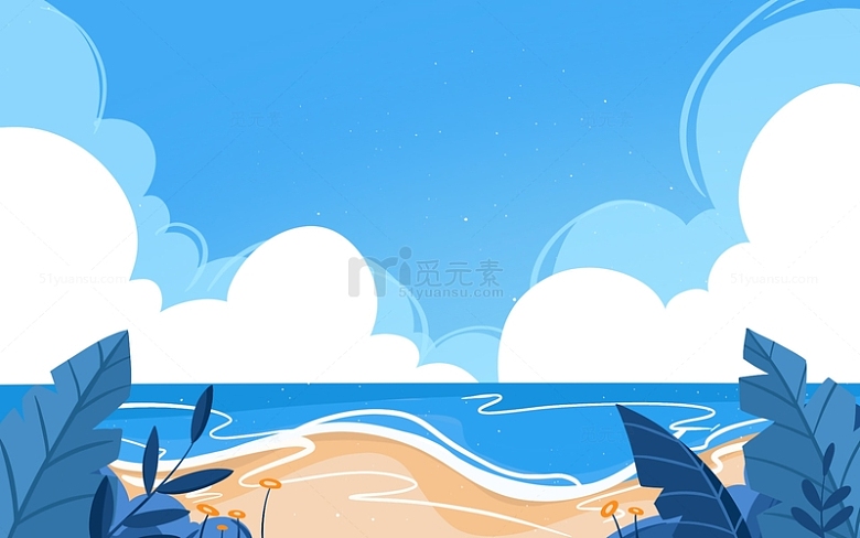 手绘小清新扁平风海边海浪沙滩蓝色插画背景