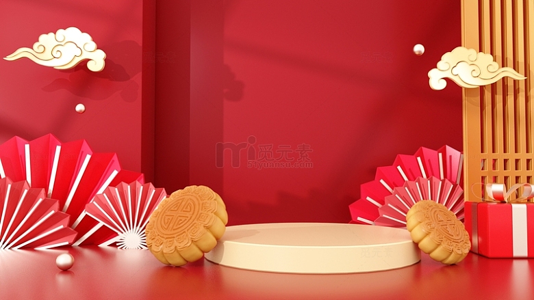 中秋节C4D红色中国风月饼海报背景