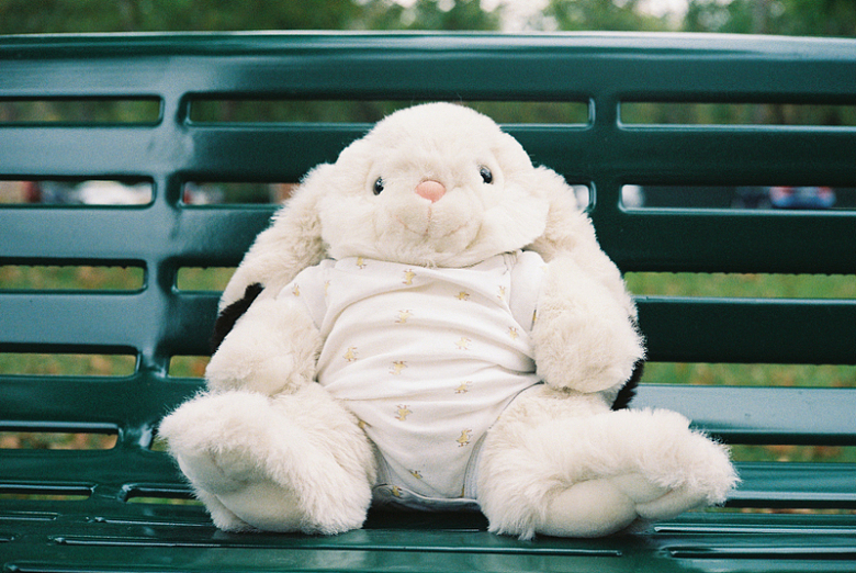 一只白色毛绒兔子坐在绿色长椅上