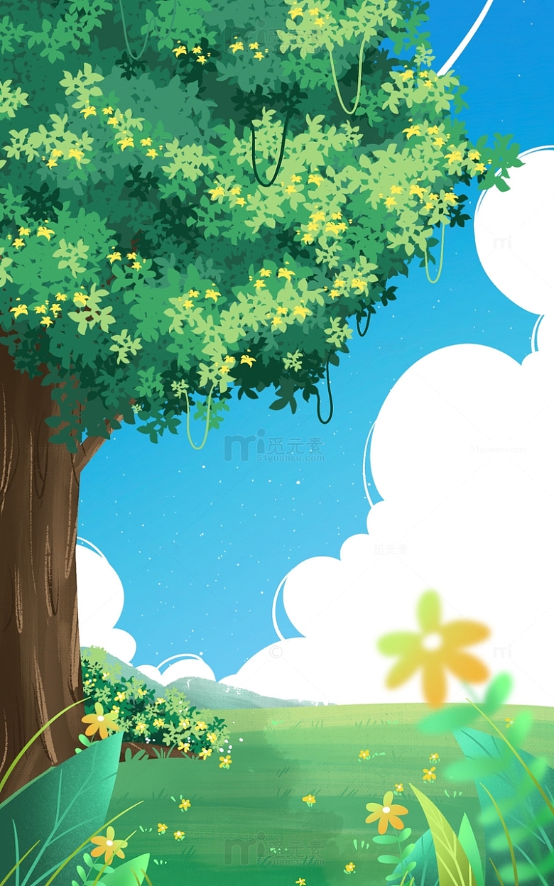 手绘夏季春天大树绿植小清新海报插画背景