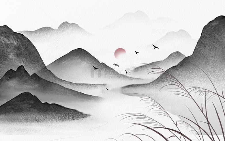 手绘中国风黑色水墨山水画芦苇插画背景