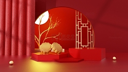 中秋节C4D月亮月饼中国风场景海报背景