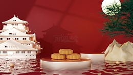 中秋节月饼C4D中国风立体海报背景