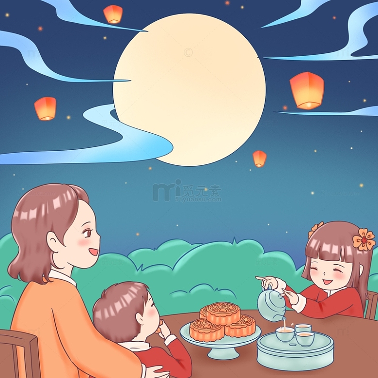 中秋节团圆赏月看孔明灯