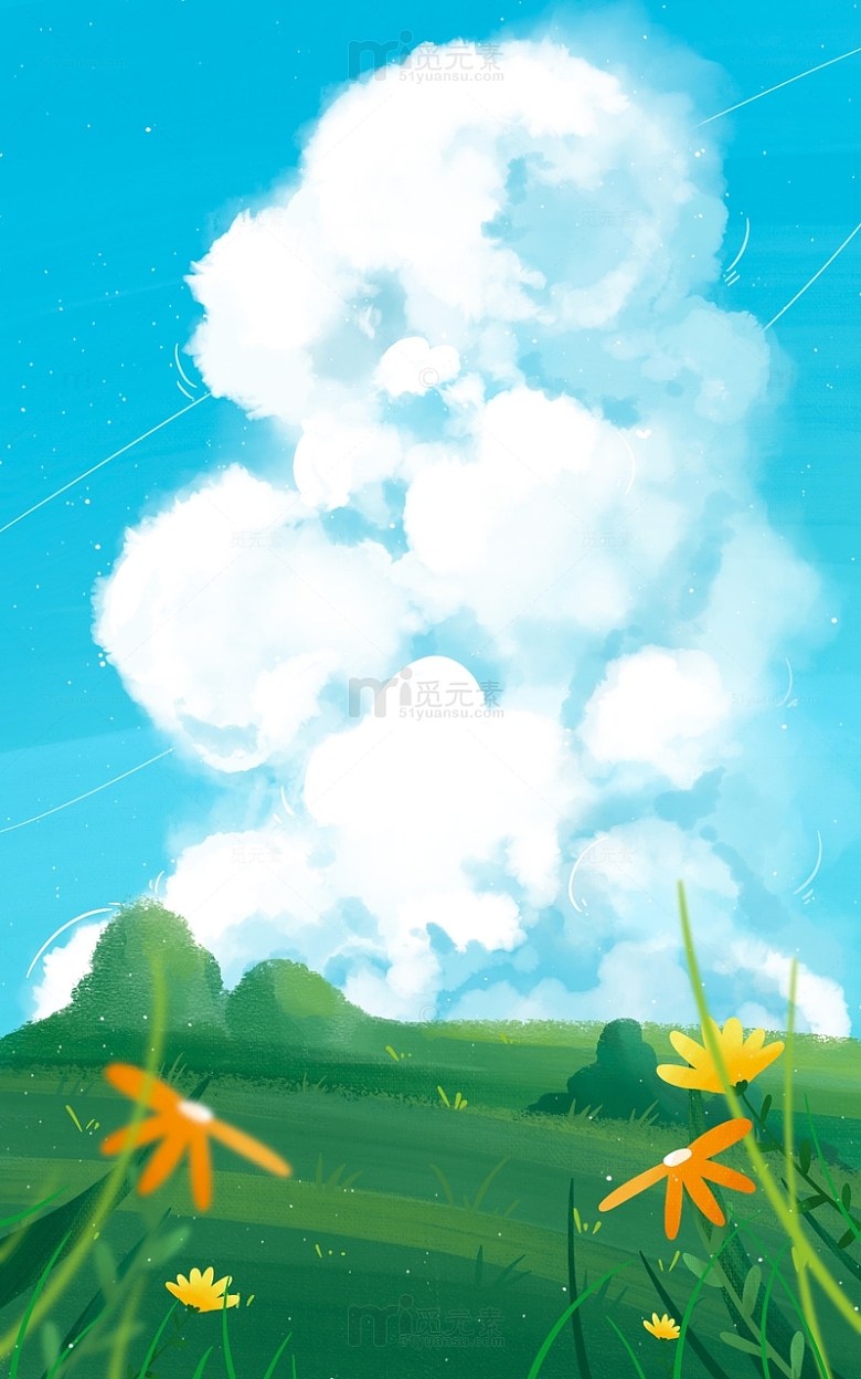 手绘蓝天白云春天夏季花卉植物插画海报背景