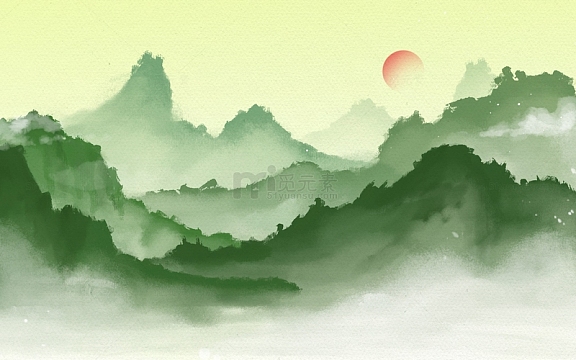 手绘水墨山水画青山绿水中国风插画背景
