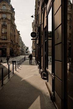 几个人走在高楼大厦旁边的街道上