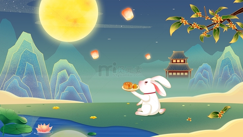 国潮中秋佳节兔子赏月场景背景