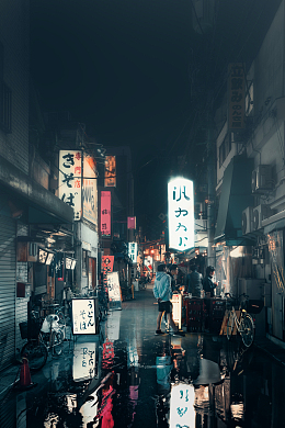 夜晚街道行人积水灯光摄影