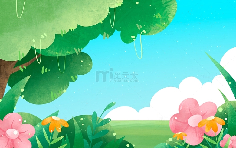 手绘春天夏季绿植大树处暑海报插画背景