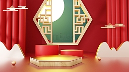 中秋节C4D中国风赏月立体展台海报背景