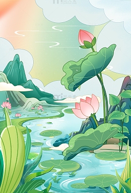 国风处暑清凉插画背景海报