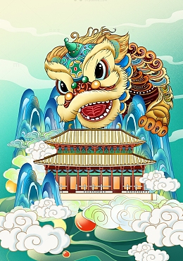 手绘国潮文创插画山水动物