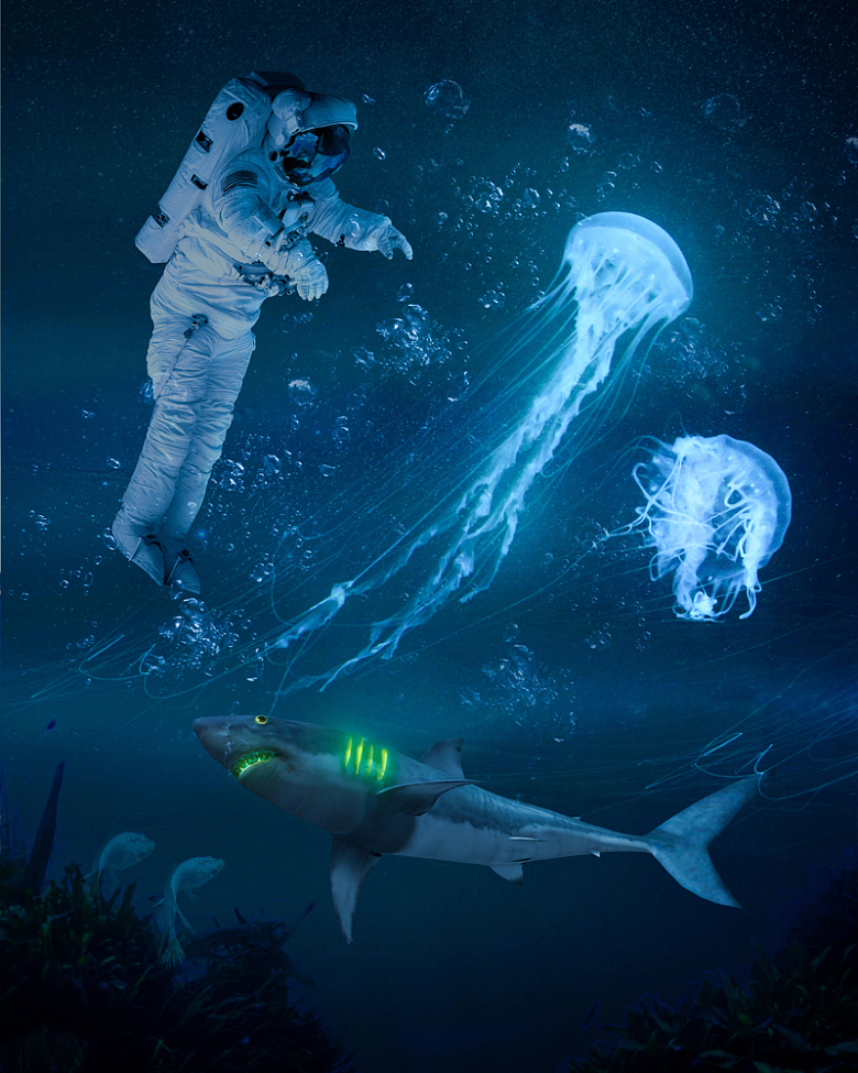 蓝色深海鲨鱼海蜇潜水者