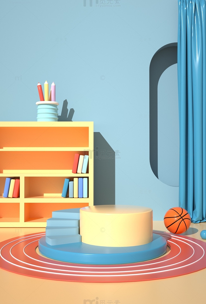 3D立体开学季篮球跑道书籍背景