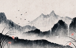 手绘古风中国风水墨山水画瀑布兰花背景