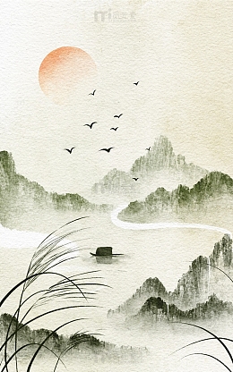 psdjpg水墨山水风景芦苇古风国风背景psdjpg手绘白露芦苇中国风水墨