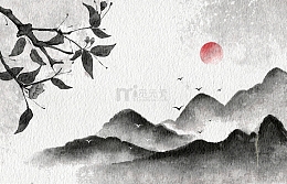 中国风水墨画梨花黑白山水画飞鸟复古背景
