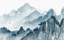 中国风大气手绘群山水墨瀑布古风背景